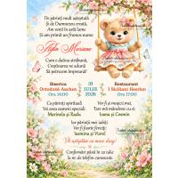 Invitatie la botez fetita cu ursulet si frunze