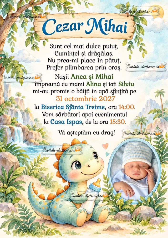 Invitatie la botez cu dinozaur
