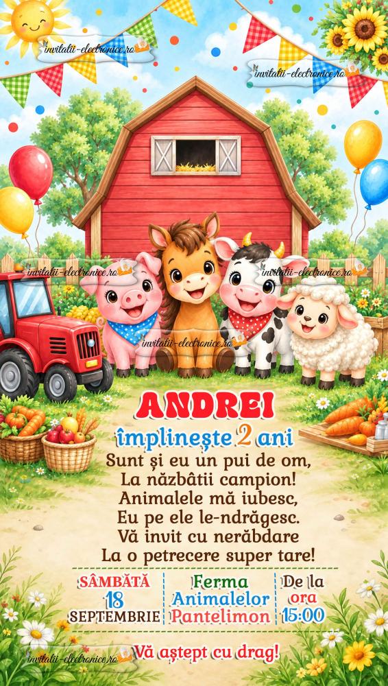 Invitatie digitala cu animale din ferma
