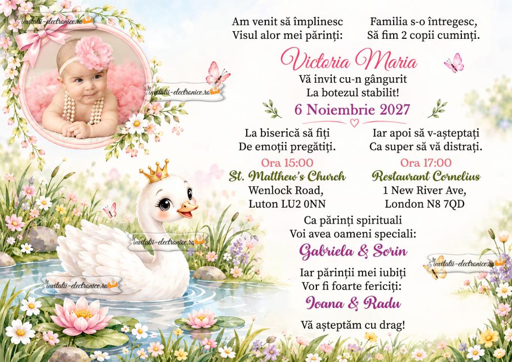 Invitatie de botez cu lebada, flori si fluturi 