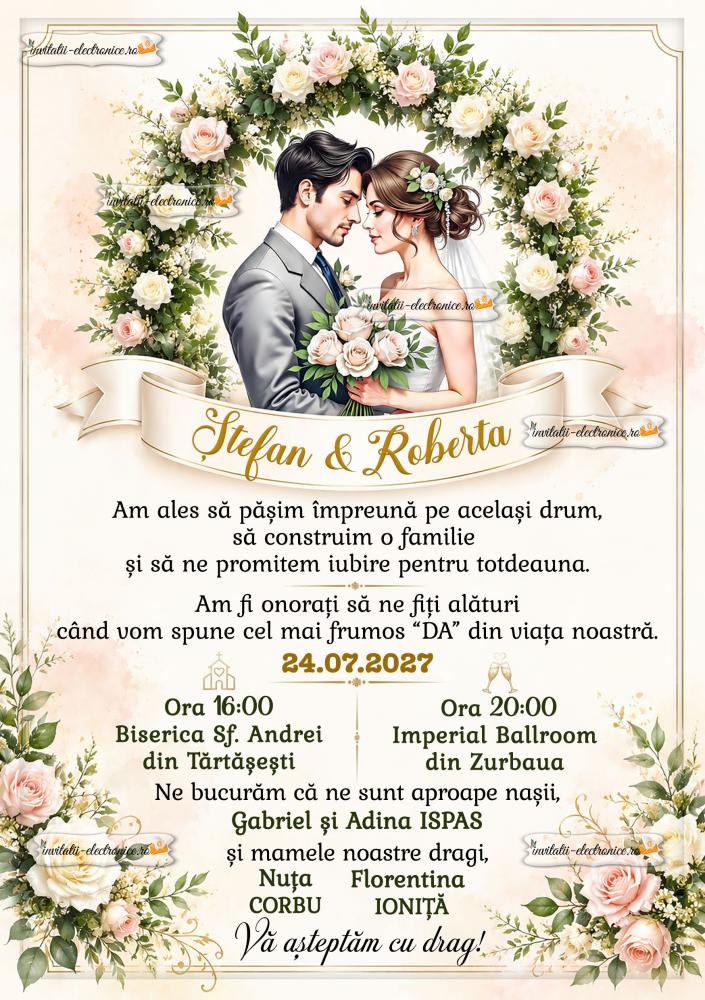 Invitație digitală la nuntă cu trandafiri