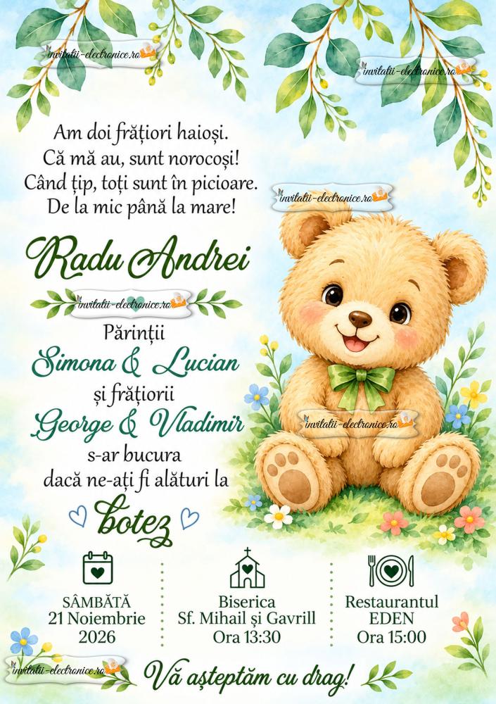 Invitatie de botez cu ursulet 