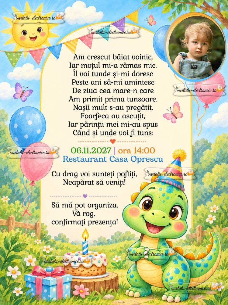 Invitatie digitală cu dinozaur si baloane