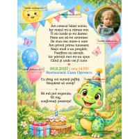 Invitatie digitală cu dinozaur si baloane