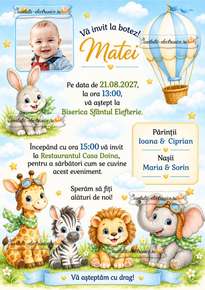 Invitatii de botez cu animale vesele