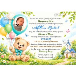 Invitatie de botez cu ursulet si baloane