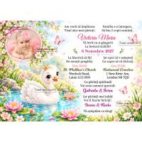 Invitatie de botez cu lebada, flori si fluturi 