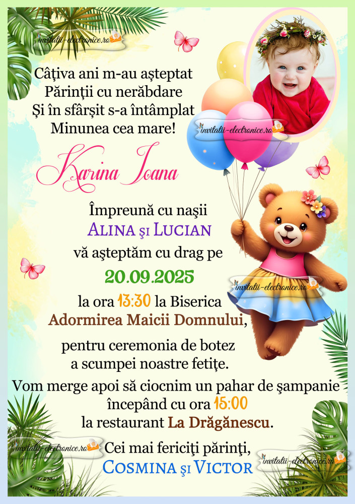 Invitatie de botez cu ursulet