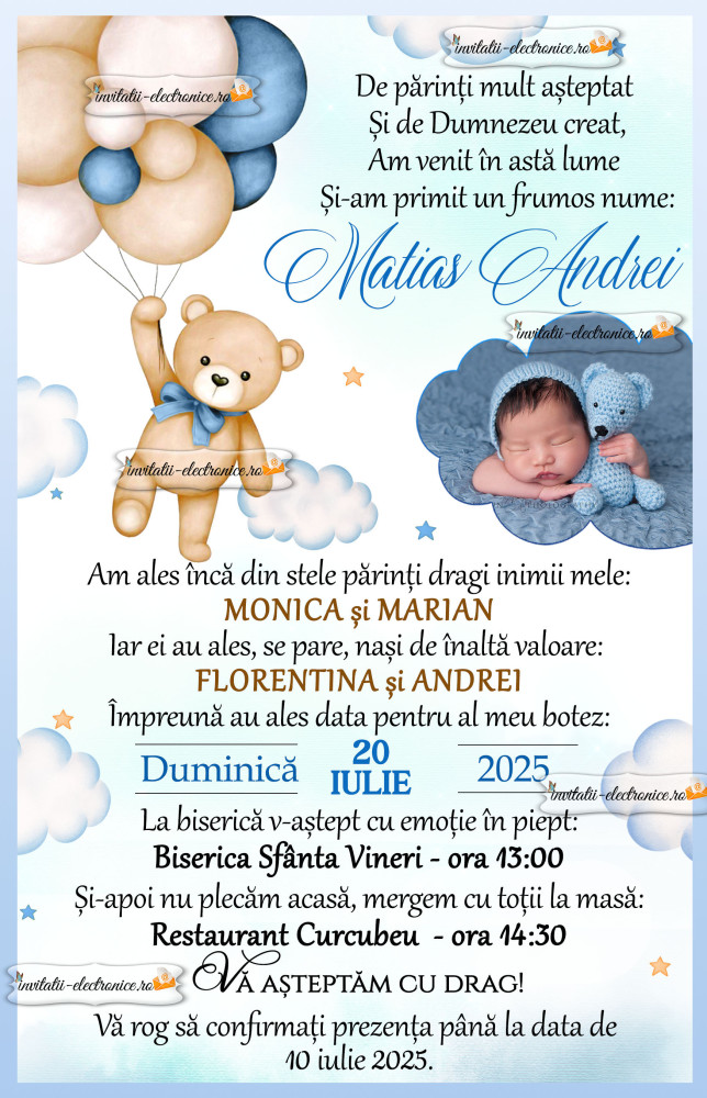 Invitatie cu ursulet si baloane