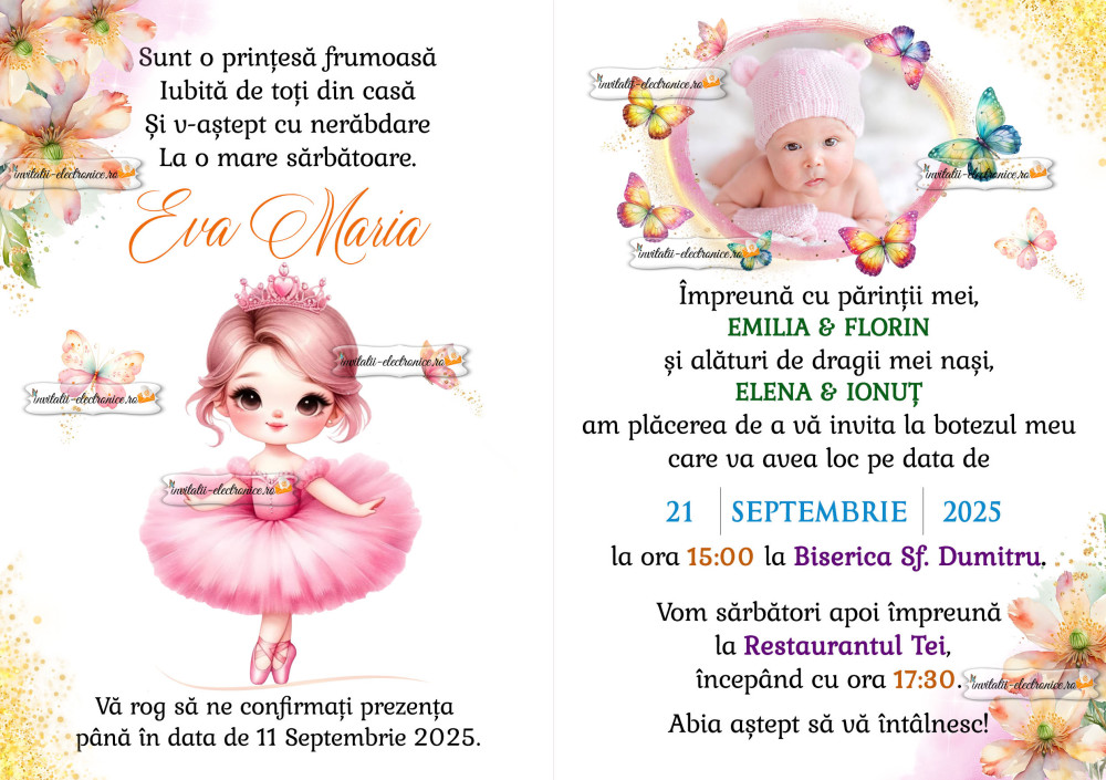 Invitatie de botez cu balerina si fluturi