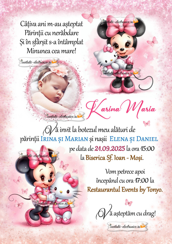 Invitatie de botez digitala cu Minnie si Hello Kitty
