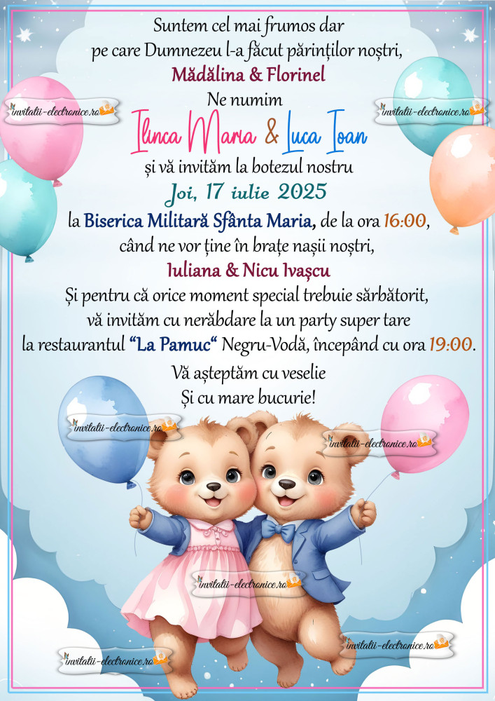 Invitatie la botez de gemeni fata si baiat