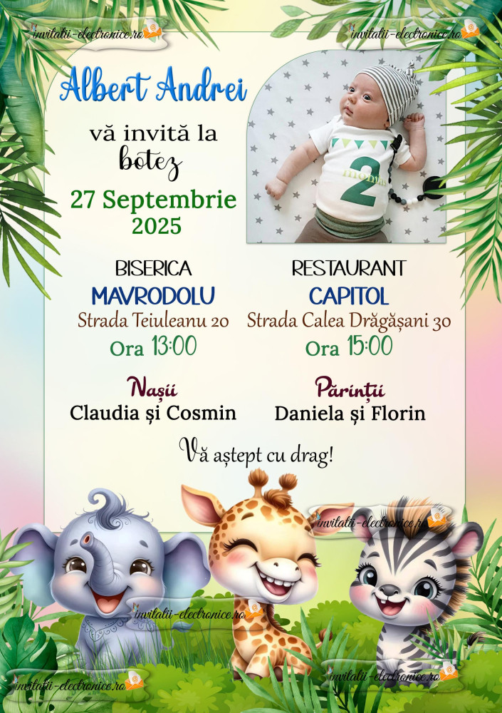 Invitatie la botez cu animale din jungla