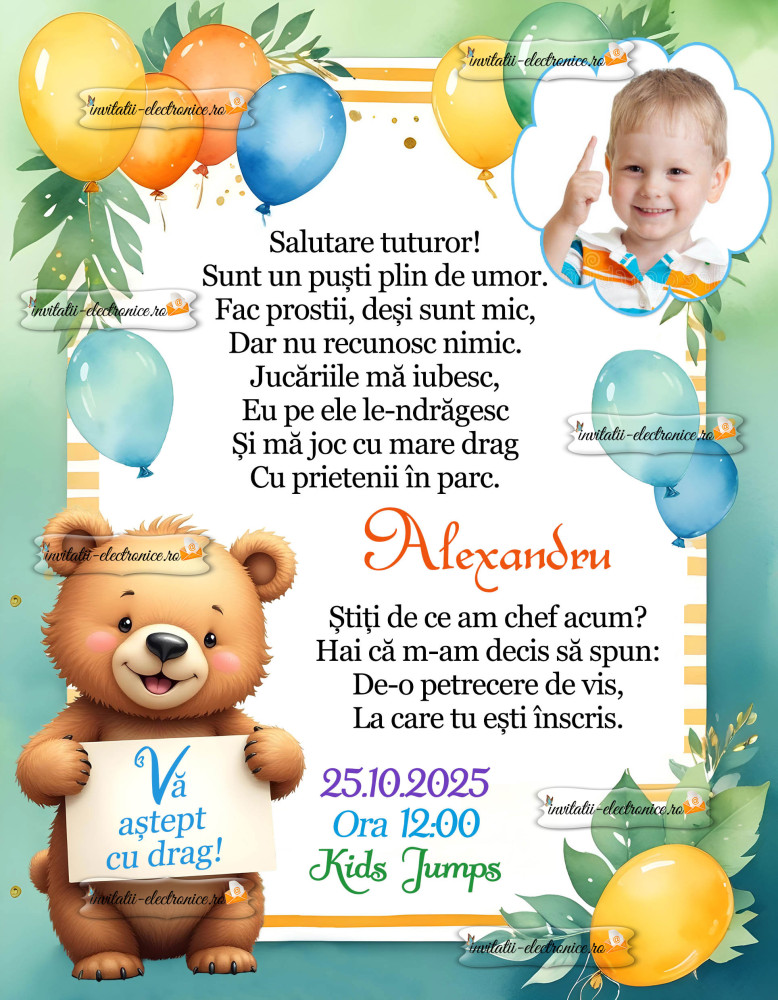 Invitatie la petrecere cu ursulet si baloane