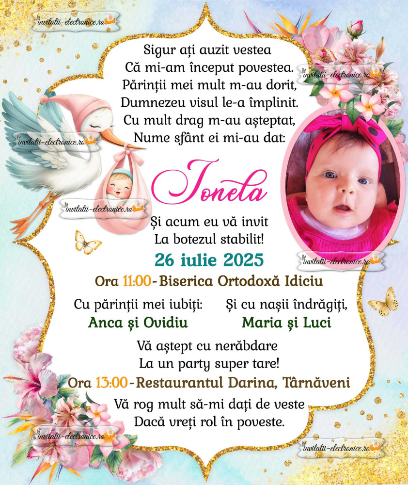 Invitatie de botez cu flori si auriu