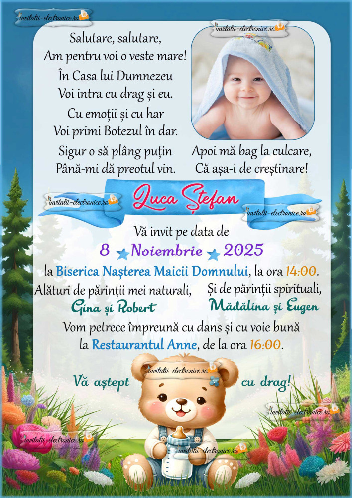 Invitatie la botez cu ursulet in iarba