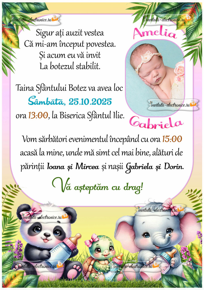 Invitatie la botez cu animale cu biberoane