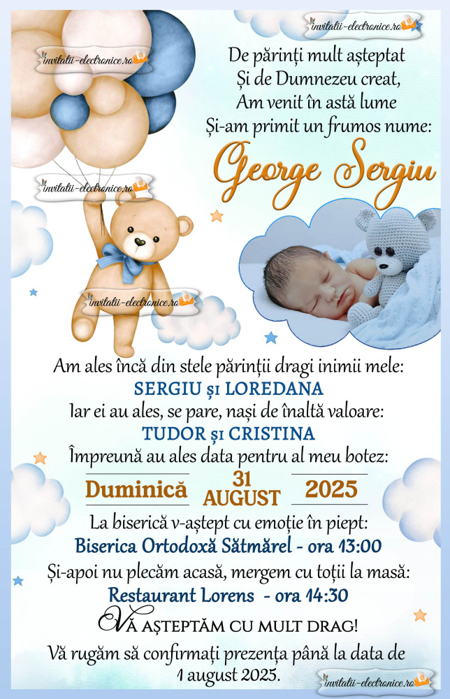 Invitatie cu ursulet si baloane