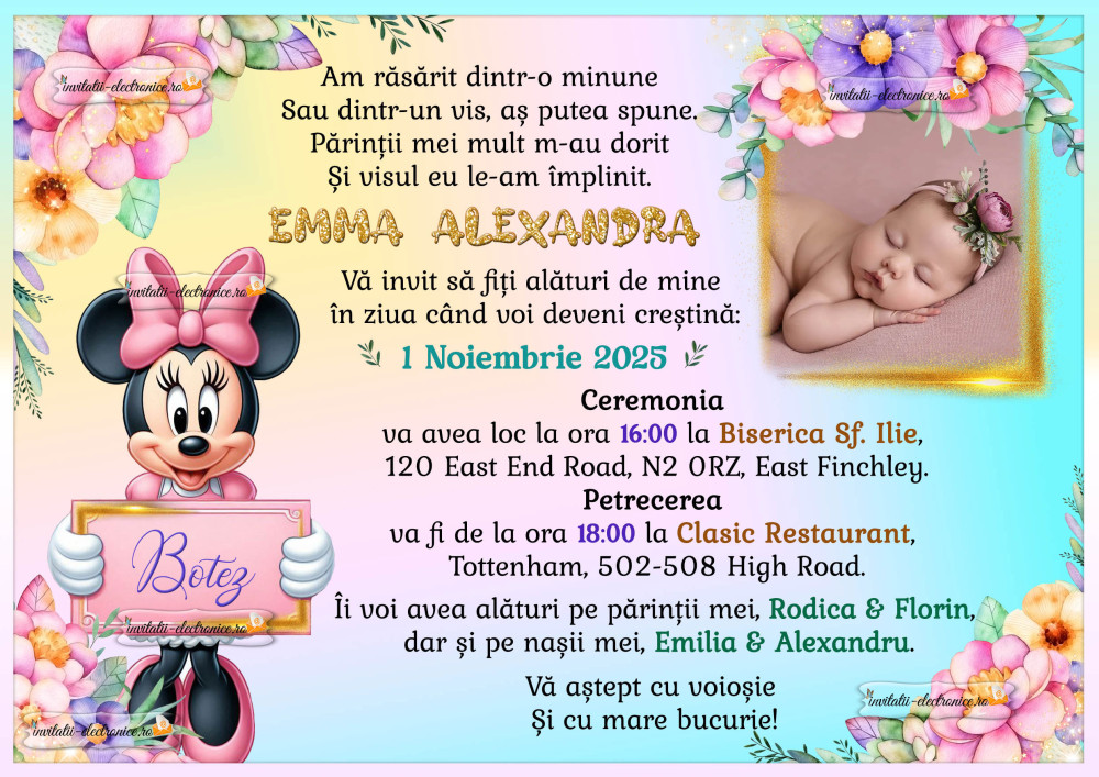 Invitatie de botez cu Minnie si flori