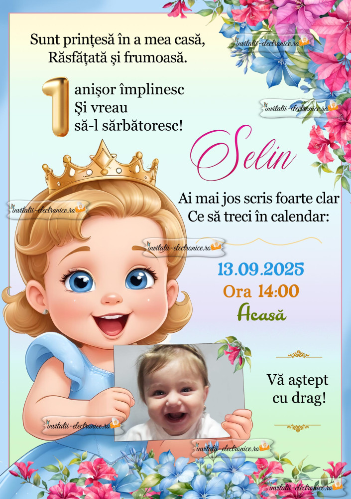 Invitatie cu printesa si flori