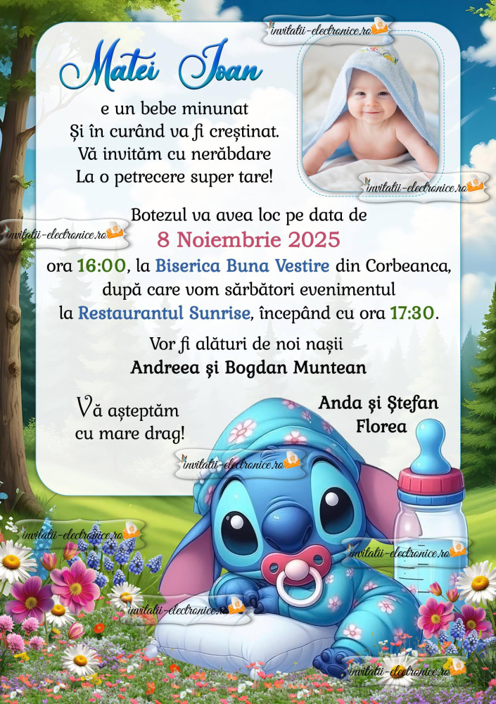 Invitatie electronica de botez cu Stitch