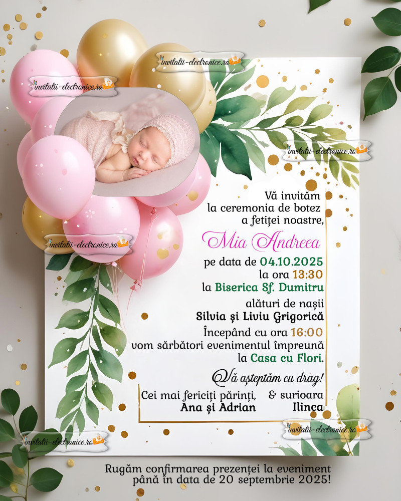 Invitatie watercolor botez fetita