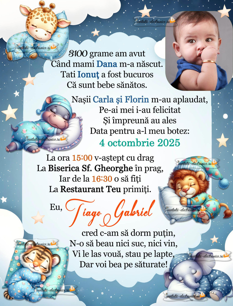Invitatie la botez cu animale dormind