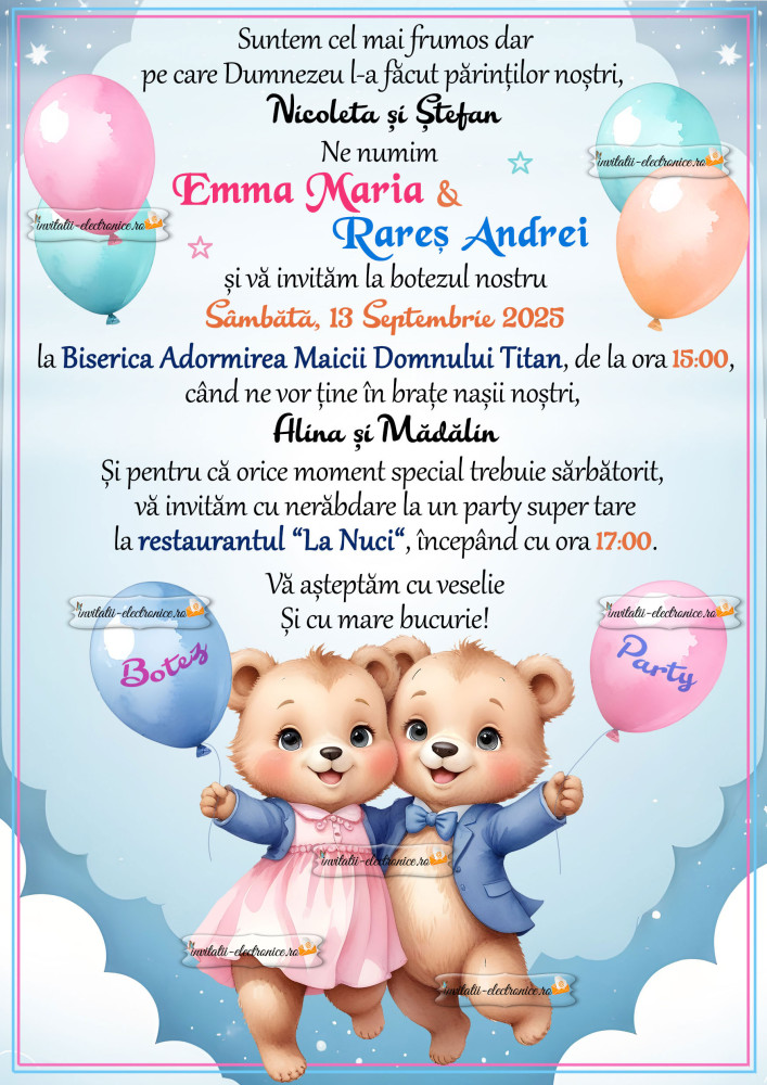 Invitatie la botez de gemeni fata si baiat