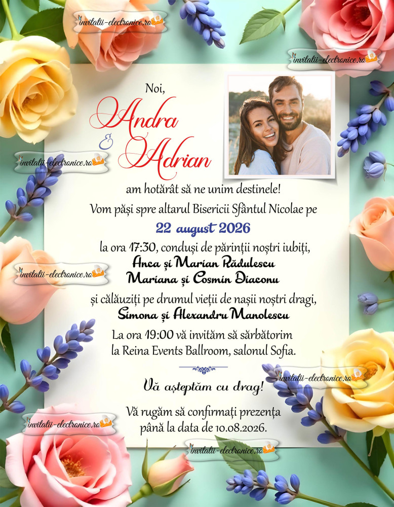 Invitatie de nunta cu trandafiri