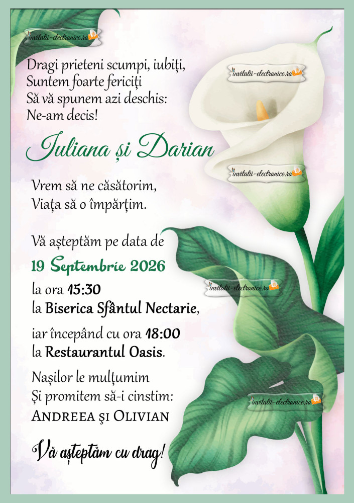 Invitatie de nunta de trimis pe e-mail, whatsApp, facebook, instagram etc.