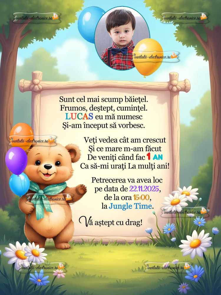 Invitatie colorata cu ursulet si baloane