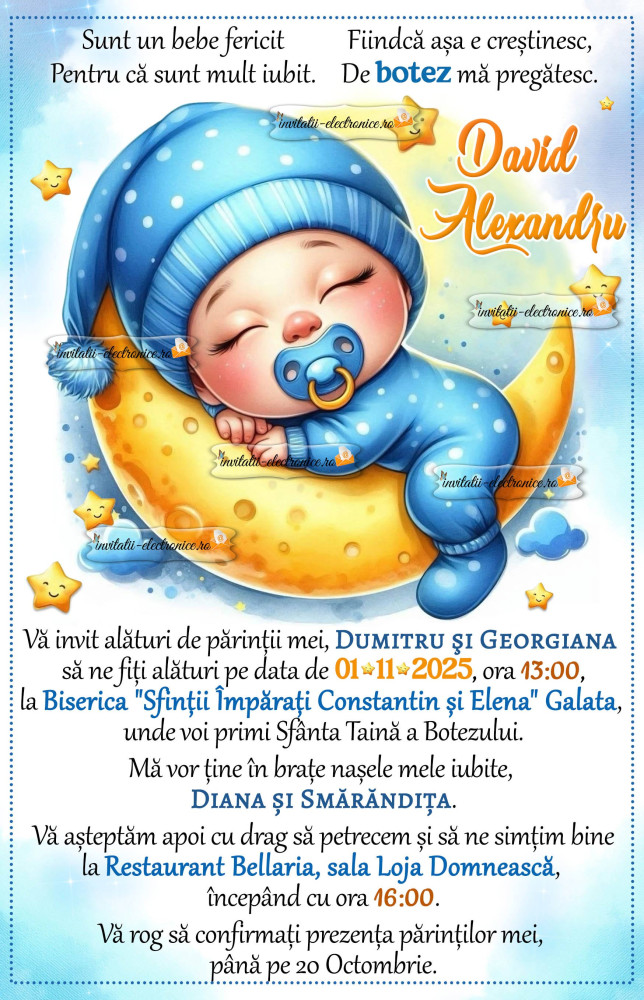 Invitatie la botez cu luna si stele