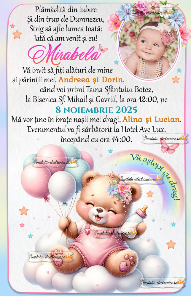 Invitatie de botez cu ursulet