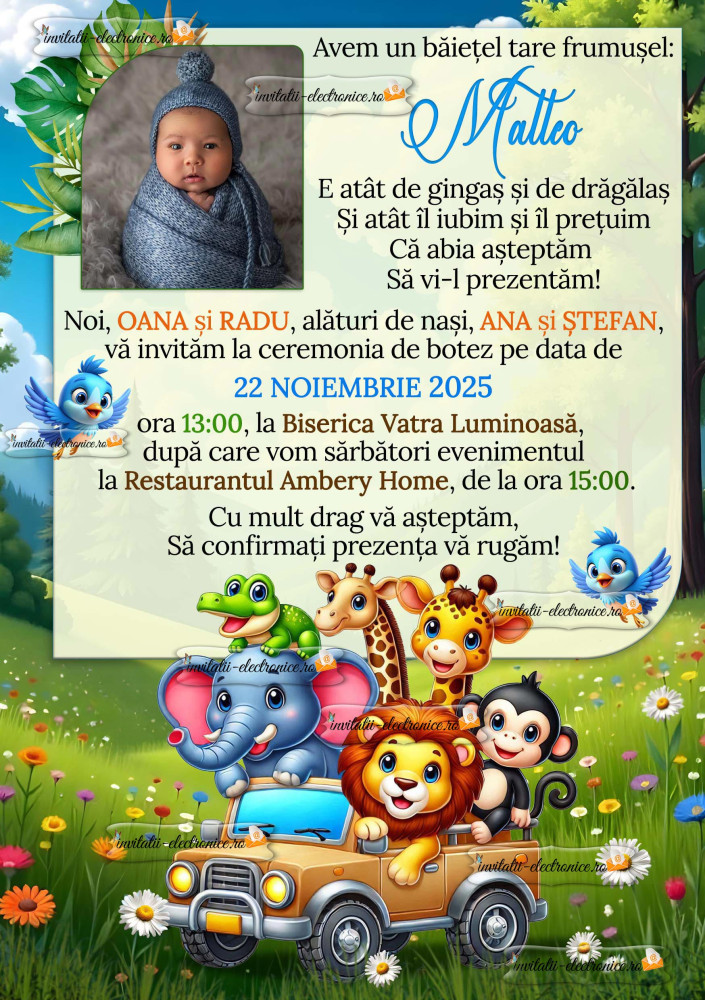 Invitatie de botez cu animale din jungla