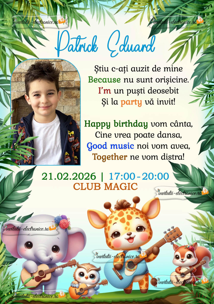 Invitatie cu animale cantand la chitara