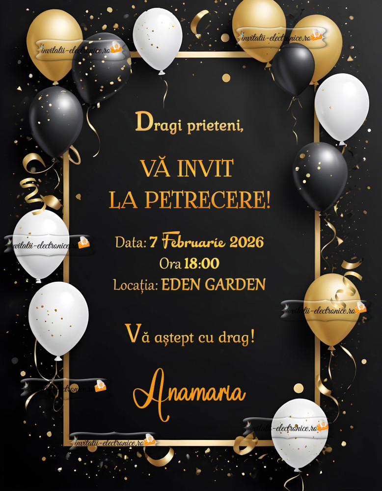 Invitatie cu alb, negru, auriu