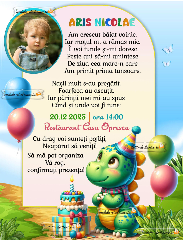 Invitatie digitală cu dinozaur si baloane