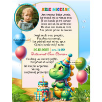 Invitatie digitală cu dinozaur si baloane