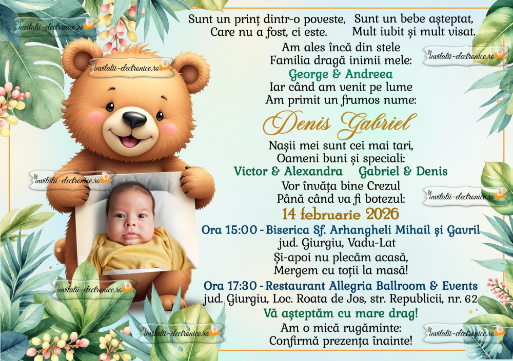 Invitatie la botez cu ursulet
