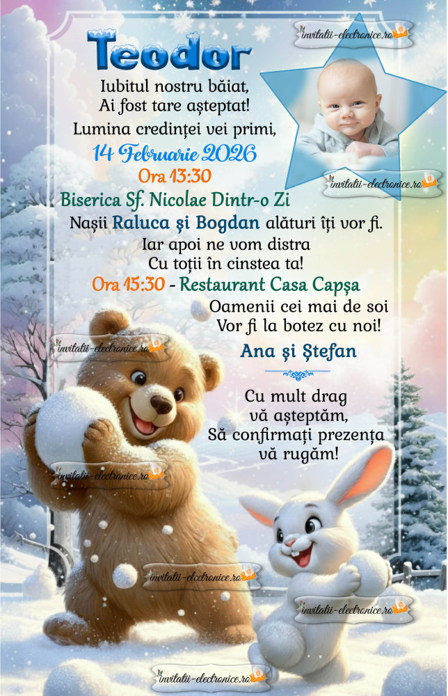 Invitatie de botez cu ursulet iarna