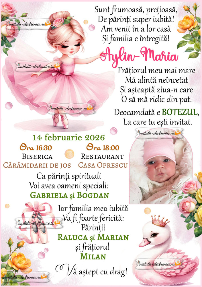 Invitatie la botez cu balerina si flori