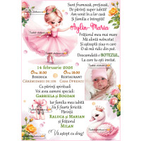 Invitatie la botez cu balerina si flori