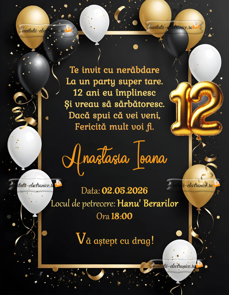 Invitatie cu alb, negru, auriu