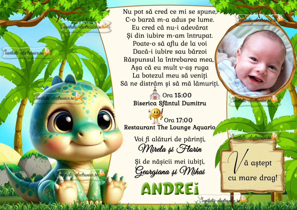 Invitatie la botez cu dinozaur