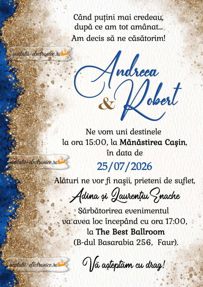 Invitatie la nunta cu albastru si auriu