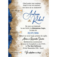 Invitatie la nunta cu albastru si auriu