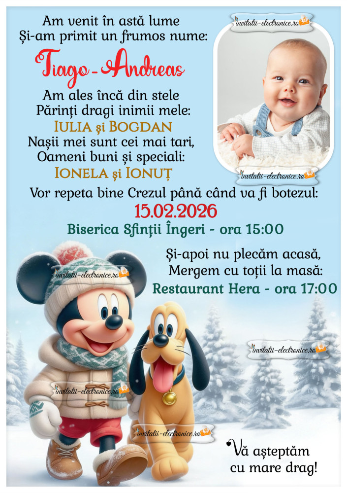 Invitatie de botez cu Mickey si Pluto