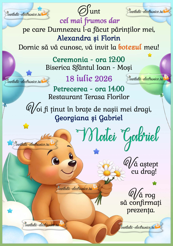 Invitatie la botez de baietel cu ursulet
