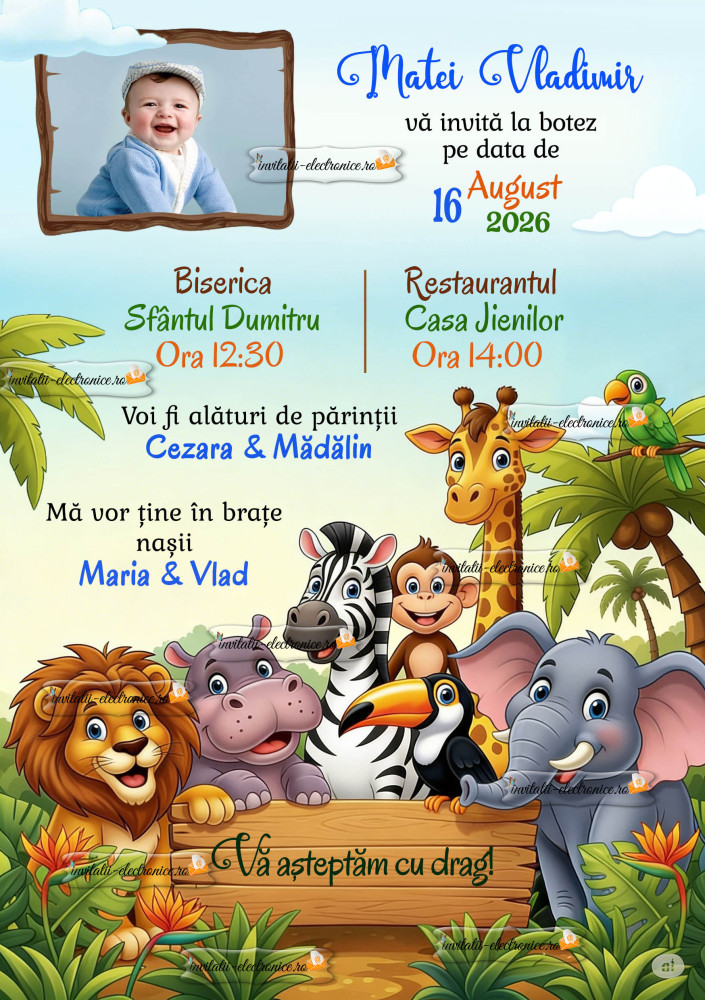 Invitatie de botez cu animale