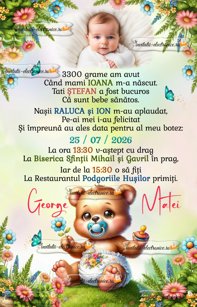 Invitatie la botez cu ursulet bebe